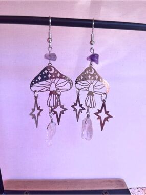 Purple Mushroom & Star Drop Earrings with healing stones